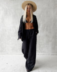 Bornladies Cotton Casual Pants Sets Women's Solid Color Cozy Lapel Long Sleeve Shirt Summer Outfit Elastic Waist Pants Suits