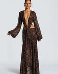 Mozision Leopard Print Long Sleeve Sexy Maxi Dress Women Fashion Hollow Out Backless Draped Ruched Bodycon Club Party Long Dress