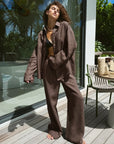 Bornladies Cotton Casual Pants Sets Women's Solid Color Cozy Lapel Long Sleeve Shirt Summer Outfit Elastic Waist Pants Suits