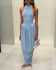 Blifanbo Pleated Elegant O Neck Maxi Dress For Women Off-shoulder Fashion Slim Fit Sleeveless Patchwork Sexy Club Party Dress