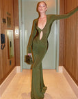 Nibber Elegante High Street Vrouwen Jurk Sexy Lage Hals Holle Volledige Mouw Lichaamsvormende Vestidos Vrouwelijke Trend Effen Avondkleding
