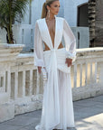 Mozision Leopard Print Long Sleeve Sexy Maxi Dress Women Fashion Hollow Out Backless Draped Ruched Bodycon Club Party Long Dress
