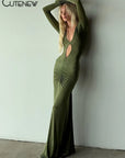 Nibber Elegante High Street Vrouwen Jurk Sexy Lage Hals Holle Volledige Mouw Lichaamsvormende Vestidos Vrouwelijke Trend Effen Avondkleding