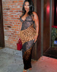 Weird Puss Mesh Patchwork Mermaid Dress Women Leopard Print Sexy Low-Neck Cleavage Backless Ruched Midnight Fashion Long Bodycon