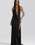 Mozision Halter Deep V Neck Backless Sexy Maxi Dress Women Gown Fashion Irregular Sleeveless Thigh High Split Club Party Dresses