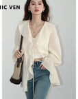 CHIC VEN Women Shirt Loose Casual Ruffled Edges Female Blouses V Neck Lace Up Mid Length Woman Shirts Spring Summer 2024