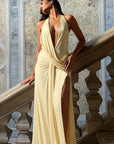 Mozision Halter Deep V Neck Backless Sexy Maxi Dress Women Gown Fashion Irregular Sleeveless Thigh High Split Club Party Dresses