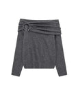 TRZA Off-the-Shoulder Knit Sweater for Women with Metal Ring Straight Neck Long Sleeve Chic Pullover Top Fashionable Female Wear