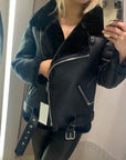 Ailegogo Winter Coats Women Thickness Faux Leather Fur Sheepskin Female Fur Leather Jacket Aviator Outwear Casaco Feminino
