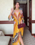 Women Contrast Printed Long Dresses V Neck Long Sleeve Waist Cinching Straight Maxi Dress Elegant Party High Street Lady Vestido