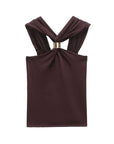 TRZA Women's Fashion Knit Halterneck Tank Top Gold Appliques Wide Straps Camisole Female Topwear