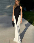 Nibber Folds Maxi Dress Women Black White Patchwork Peach Butt Halter Backless Slit Summer Trend Temperament Clubwear Vestidos