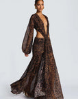 Mozision Leopard Print Long Sleeve Sexy Maxi Dress Women Fashion Hollow Out Backless Draped Ruched Bodycon Club Party Long Dress