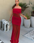 Mozision One Shoulder Mesh Sexy Maxi Dress Women Fashion Off-shoulder Strapless Sleeveless Backless Club Party Long Dress