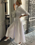 Oymimi Elegant White Lapel Women's Dress Fashion Three Quarter Sleeve Pockets Dresses Casual Button Pleated Ankle-Length Dresses