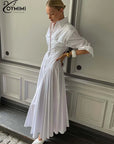 Oymimi Elegant White Lapel Women's Dress Fashion Three Quarter Sleeve Pockets Dresses Casual Button Pleated Ankle-Length Dresses