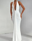 Mozision Deep V Neck Draped Ruched Sexy Maxi Dress Women Summer Fashion Halter Sleeveless Backless Club Party Long Dress Elegant