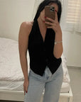 MUJER Off Schouder Mouwloos Vest Vrouwen Zwart Wit Cropped Vest Vrouw Mode Backless V-hals Korte Jassen Zomer Vest