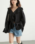 CHIC VEN Women Shirt Loose Casual Ruffled Edges Female Blouses V Neck Lace Up Mid Length Woman Shirts Spring Summer 2024