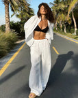 Bornladies Cotton Casual Pants Sets Women's Solid Color Cozy Lapel Long Sleeve Shirt Summer Outfit Elastic Waist Pants Suits