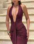 Mozision Deep V Neck Draped Ruched Sexy Maxi Dress Women Summer Fashion Halter Sleeveless Backless Club Party Long Dress Elegant
