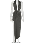 Weird Puss Elegant Halter Backless Dress Women Deep V-Neck Sleeveless Slit Irregular Party Banquet Activity Stretch Clubwear