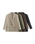 TRZA Women Fashion Double Breasted Loose Fitting Blazer Coat Vintage Long Sleeve Pockets Female Outerwear Chic Veste Femme