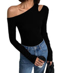 Fashion Skew Collar Off-shoulder Long-sleeved T-shirts Women Spring New Solid Slim Fit Crop Top Sexy Hollow Out Tees Shirts
