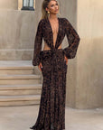 Mozision Leopard Print Long Sleeve Sexy Maxi Dress Women Fashion Hollow Out Backless Draped Ruched Bodycon Club Party Long Dress