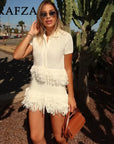 TRAFZA 2025 Spring Summer Sexy Knitted Tassel Solid Women Suit Fashion Turndown Collar Hollow Out Shirt Elastic Wasit Mini Skirt