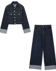 TRAFZA Women Vintage Denim Jacket Pant Sets Single Breasted Lapel Long Sleeve Coat Wide Leg Trousers Jeans High Street Outfits