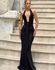 Mozision Deep V Neck Draped Ruched Sexy Maxi Dress Women Summer Fashion Halter Sleeveless Backless Club Party Long Dress Elegant