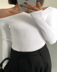 Fashion Skew Collar Off-shoulder Long-sleeved T-shirts Women Spring New Solid Slim Fit Crop Top Sexy Hollow Out Tees Shirts