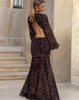 Mozision Leopard Print Long Sleeve Sexy Maxi Dress Women Fashion Hollow Out Backless Draped Ruched Bodycon Club Party Long Dress