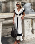 Chic High-Waisted Midi Dress with Ruffles and Patchwork Design