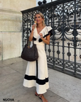 Chic High-Waisted Midi Dress with Ruffles and Patchwork Design