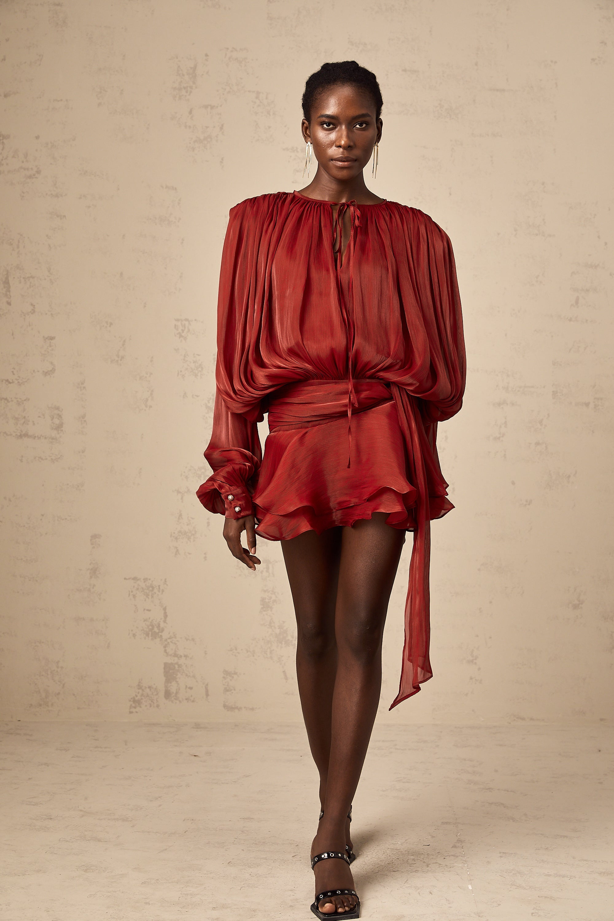 Eugénie Red Fully Pleated Ruffled Mini Dress
