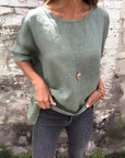 Stella - Round Neck Cotton And Linen T-Shirt