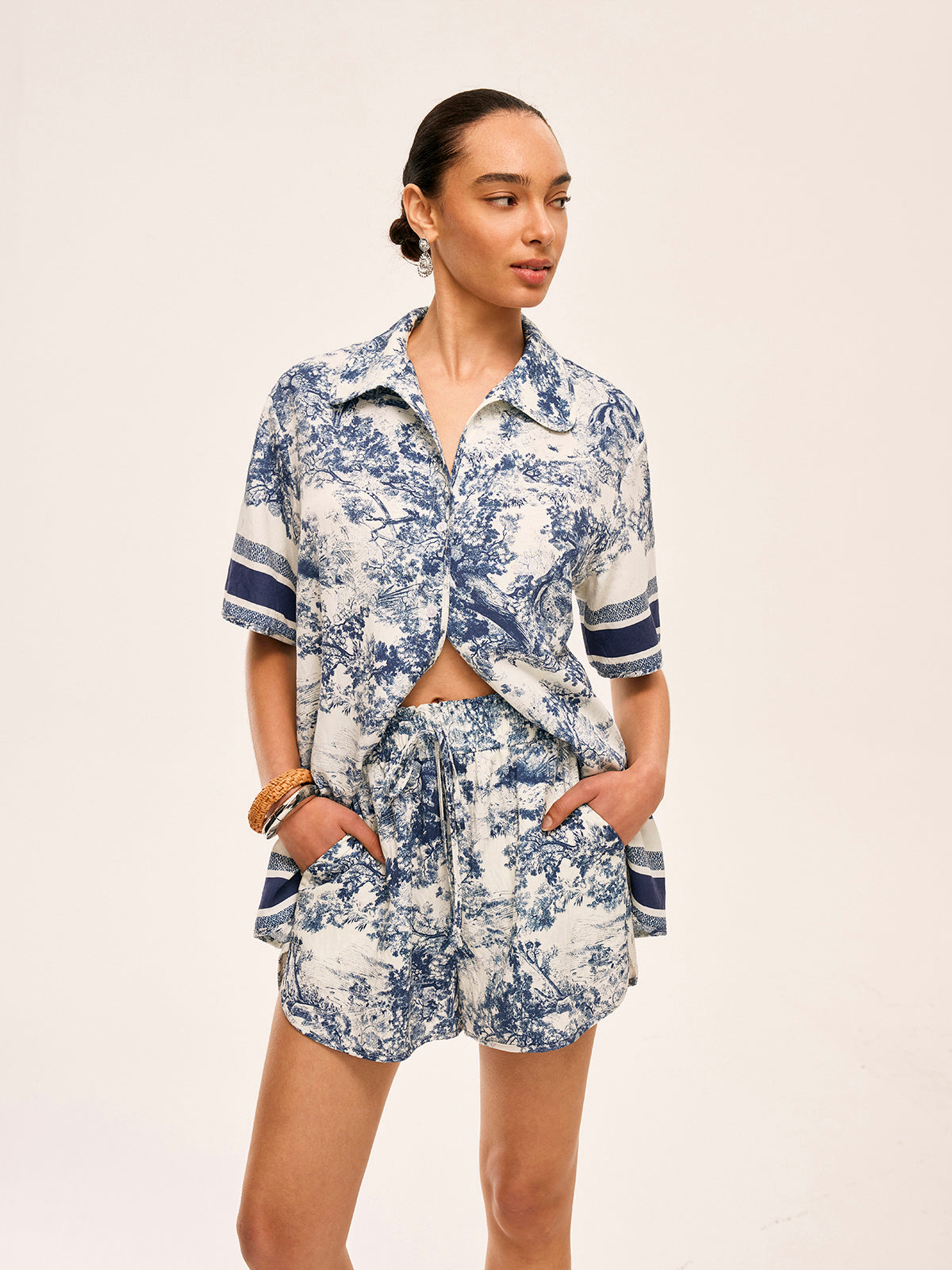 Contrast Trimmed Printed Shorts Set