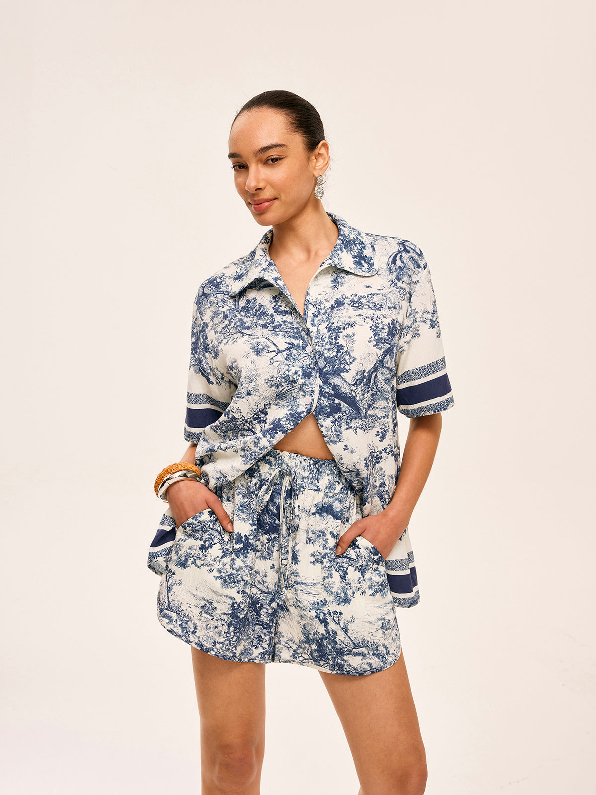 Contrast Trimmed Printed Shorts Set