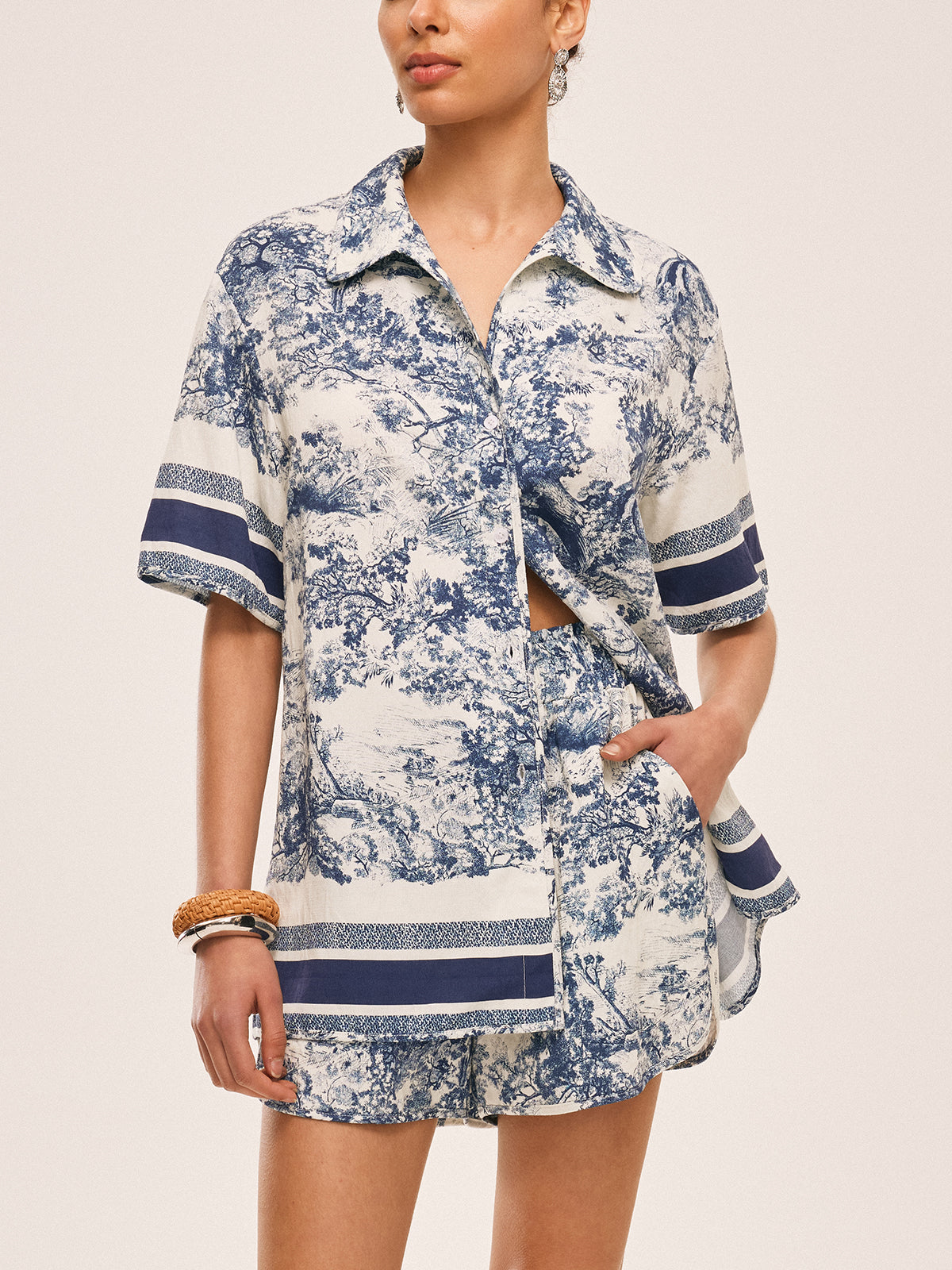 Contrast Trimmed Printed Shorts Set