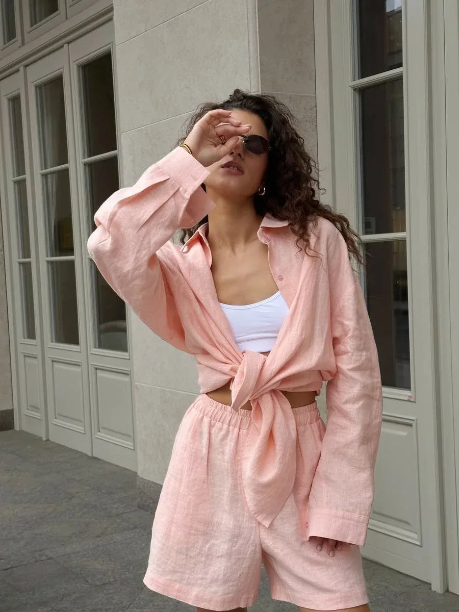 Bornladies Cotton Casual Pants Sets Women&#39;s Solid Color Cozy Lapel Long Sleeve Shirt Summer Outfit Elastic Waist Pants Suits