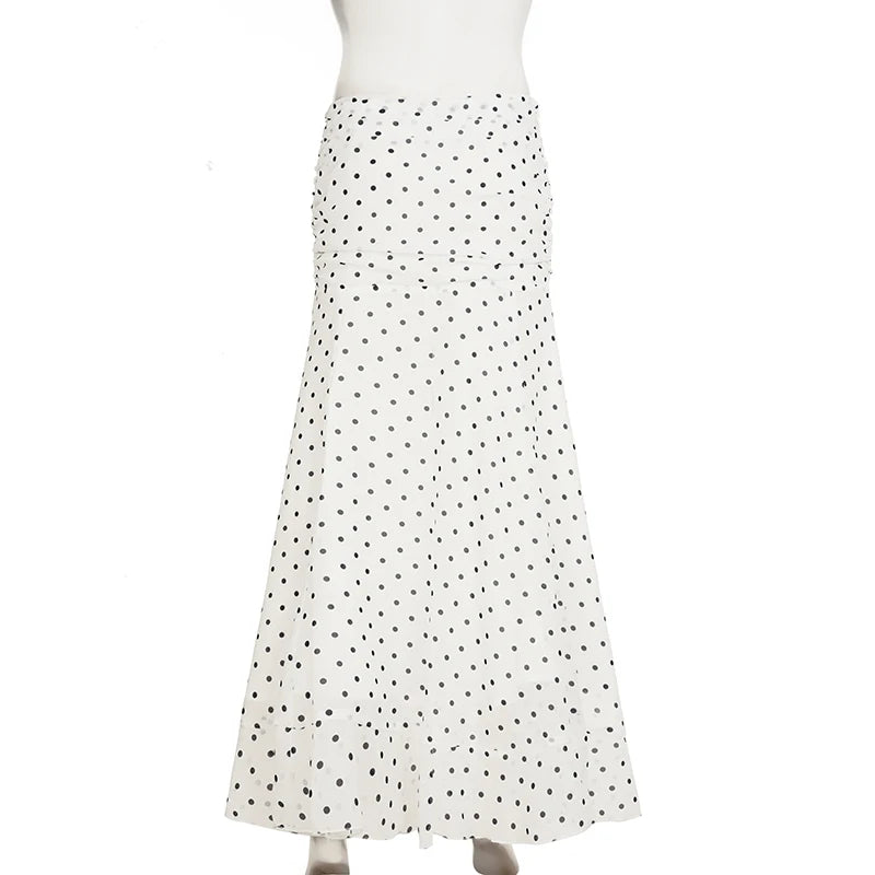 hirigin Polka Dot Floor-length Chiffon Skirt French Style Ruffled Mesh A-line Skirts Elegant Maxi Bottoms High Waist Streetwear