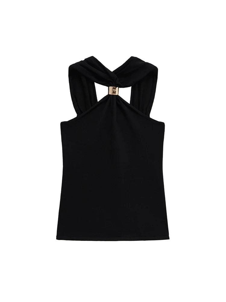 TRZA Women&#39;s Fashion Knit Halterneck Tank Top Gold Appliques Wide Straps Camisole Female Topwear