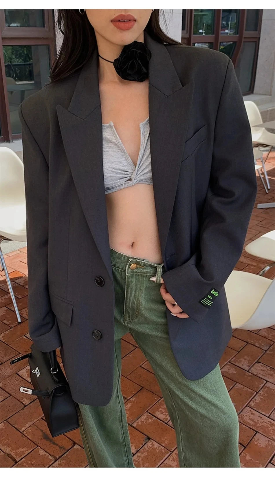 Fashion Women Suit Jacket Black Gary Spring Autumn Outer Wear New Casual  Lady Office Blazer Wide Shoulder Notched Collar Female