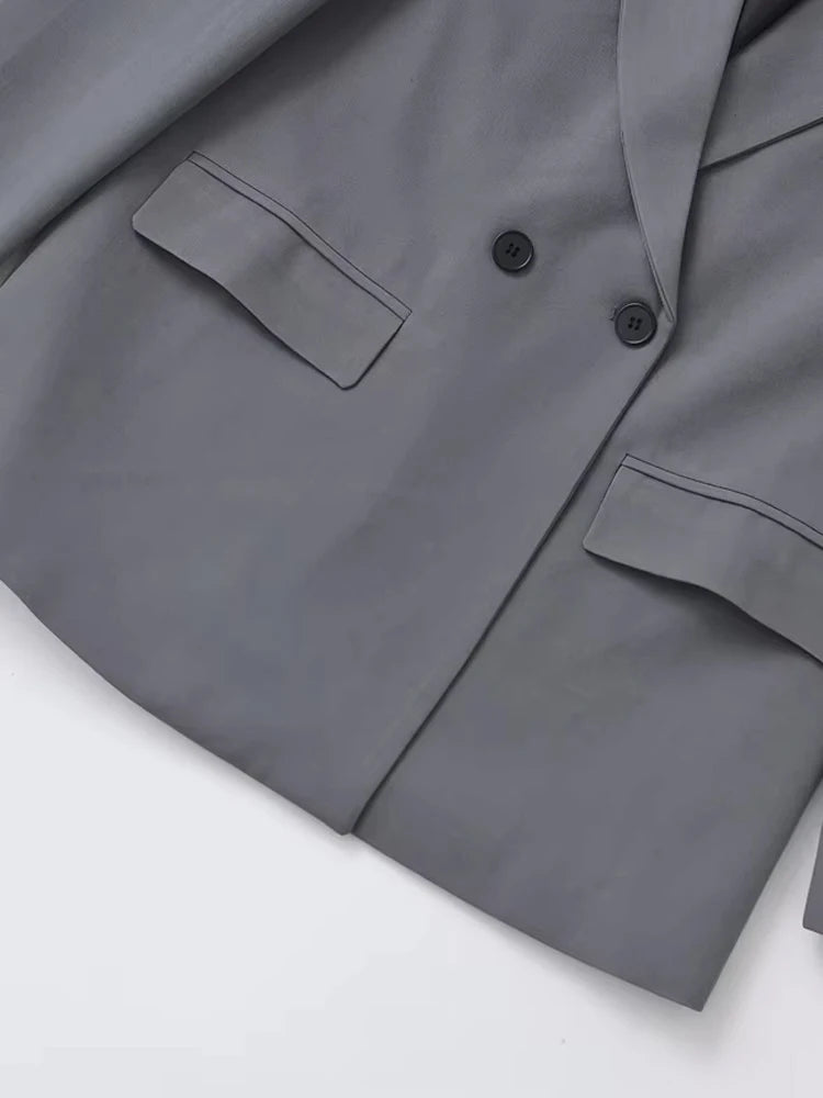 TRZA-Women&#39;s Double Breasted Office Wear Blazer Coat, Long Sleeve, Flap Pockets, Female Outerwear, Chic Tops, Fashion