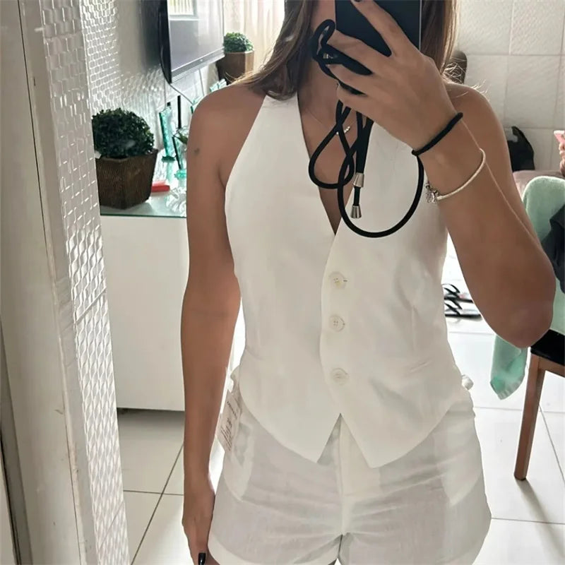 MUJER Off Schouder Mouwloos Vest Vrouwen Zwart Wit Cropped Vest Vrouw Mode Backless V-hals Korte Jassen Zomer Vest