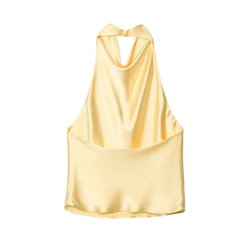 MUJER 2025 Halter Tops for Women Black Satin Backless Top Female Pink Summer Beach Top Woman off Shoulder Camisole Top Women