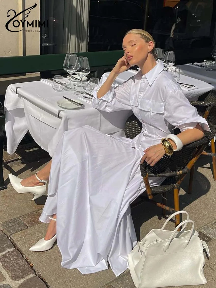 Oymimi Elegant White Lapel Women&#39;s Dress Fashion Three Quarter Sleeve Pockets Dresses Casual Button Pleated Ankle-Length Dresses