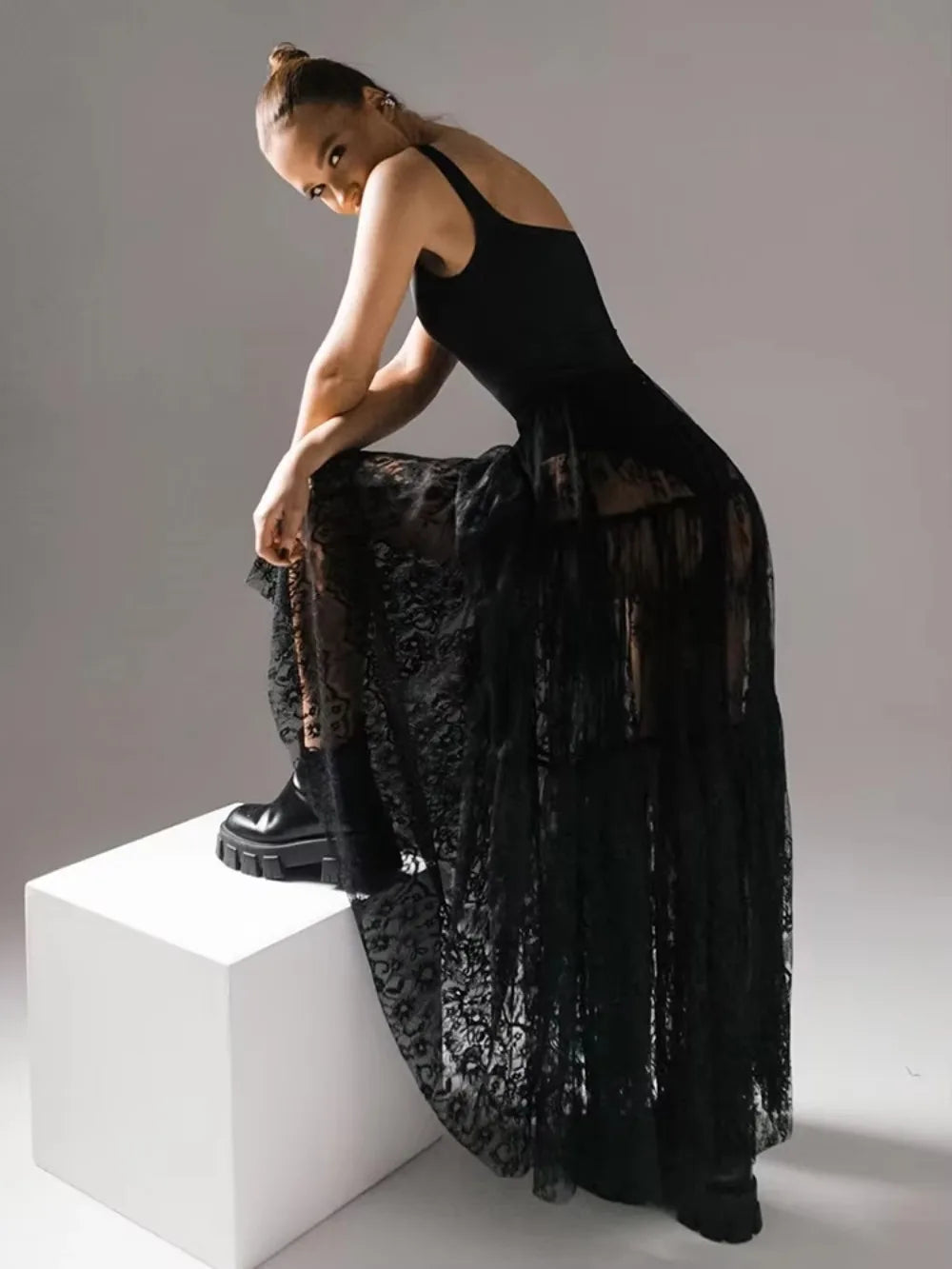 Loose Black Sexy Black Lace Skirt Women Fashion Thin Transparent Casual Hollow Out High Waist Loose A-line Long Skirt Party